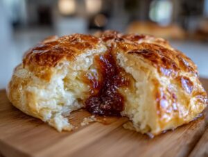 Close-up of a golden brown baked brie in puff pastry cut open, revealing melted cheese and jam filling.