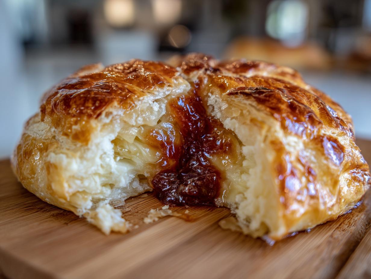 Close-up of a golden brown baked brie in puff pastry cut open, revealing melted cheese and jam filling.