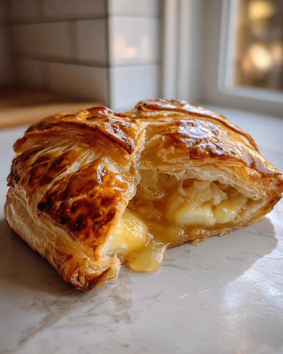 A golden brown baked brie in puff pastry cut in half, revealing melted brie cheese and filling oozing out.