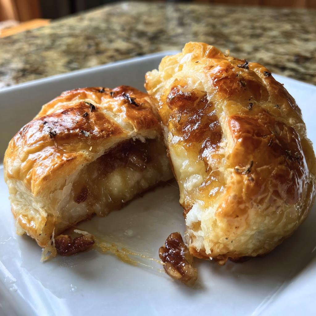 Close-up of a baked brie puff pastry appetizer cut in half, showing melted brie cheese and caramelized topping.