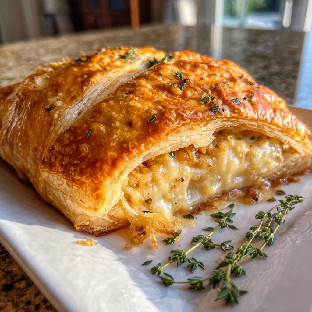 Close-up of a slice of baked brie wrapped in golden puff pastry, showing melted cheese oozing out, garnished with thyme.