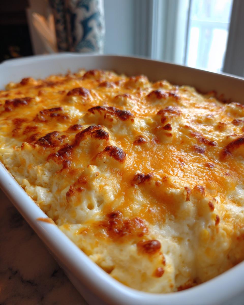 Close-up of a baked, creamy corn dip topped with bubbly, browned cheddar cheese.
