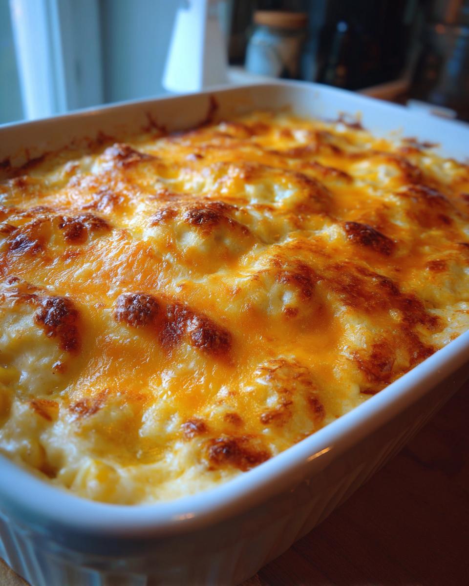 Close-up of a baked corn dip in a white dish, featuring a bubbly, golden-brown melted cheddar cheese top.