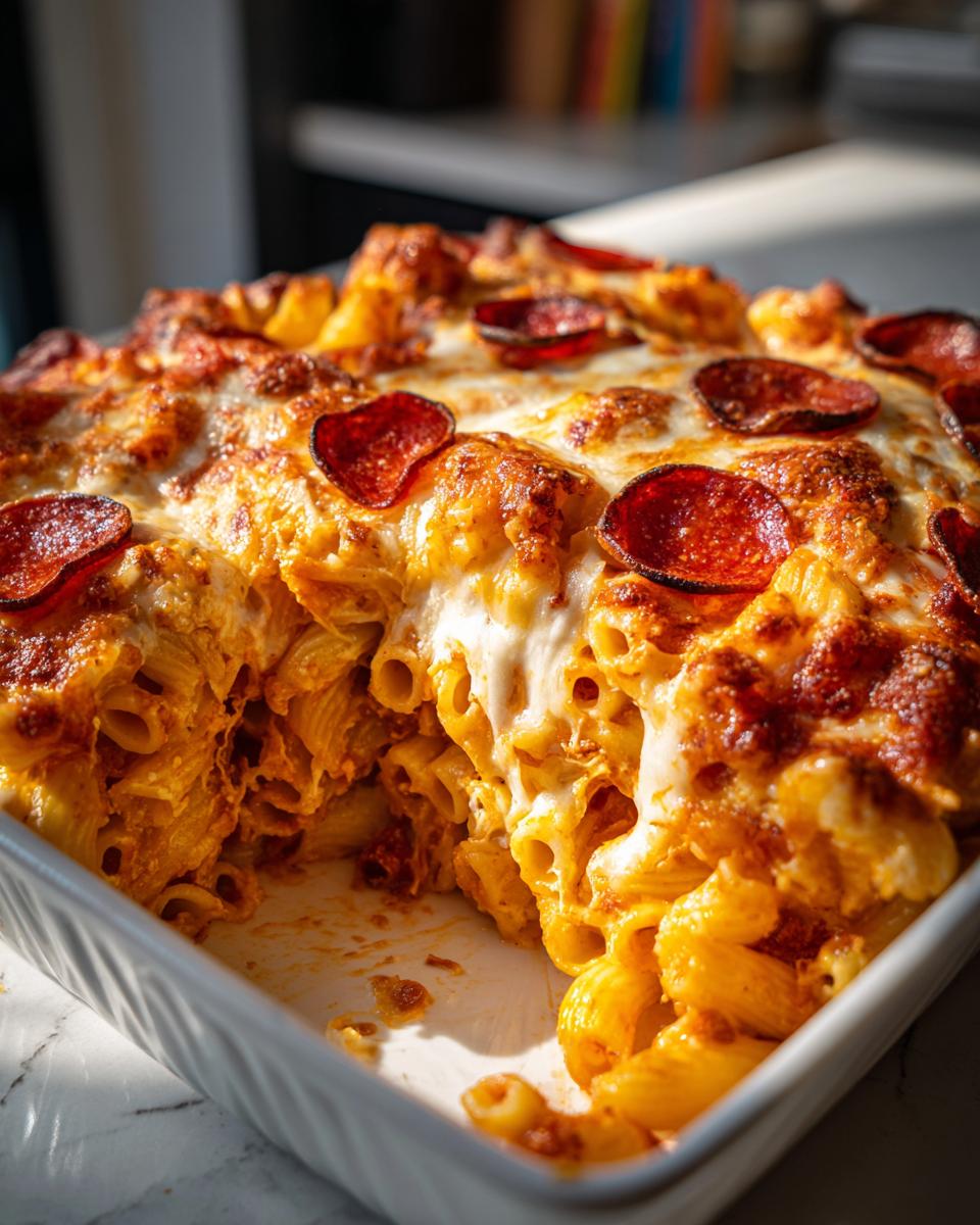 A close-up of baked pizza pasta casserole featuring melted cheese and pepperoni slices topping rigatoni pasta.