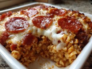 Close-up of baked pizza pasta casserole topped with melted mozzarella and pepperoni slices in a white dish.