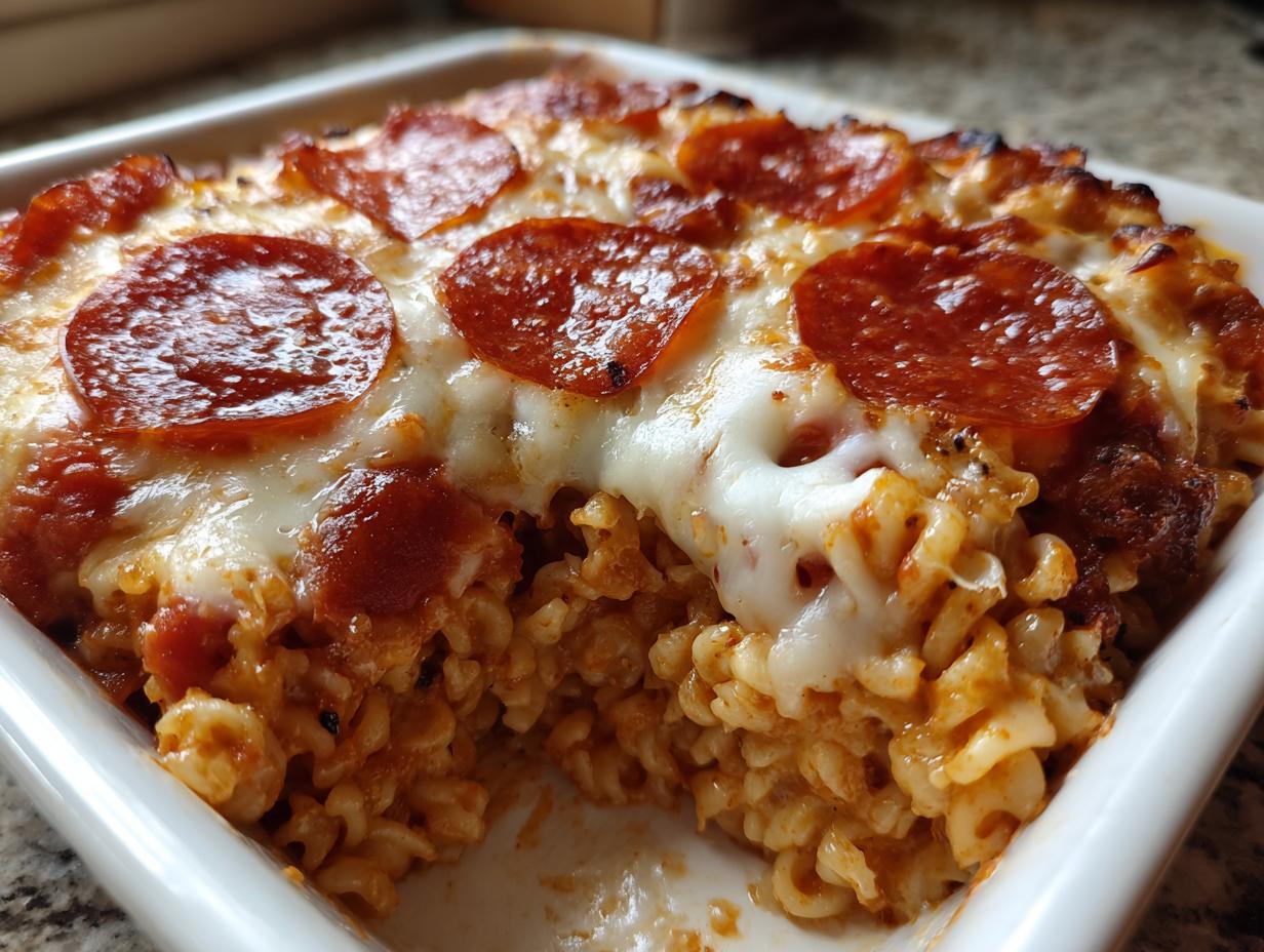 Close-up of baked pizza pasta casserole topped with melted mozzarella and pepperoni slices in a white dish.