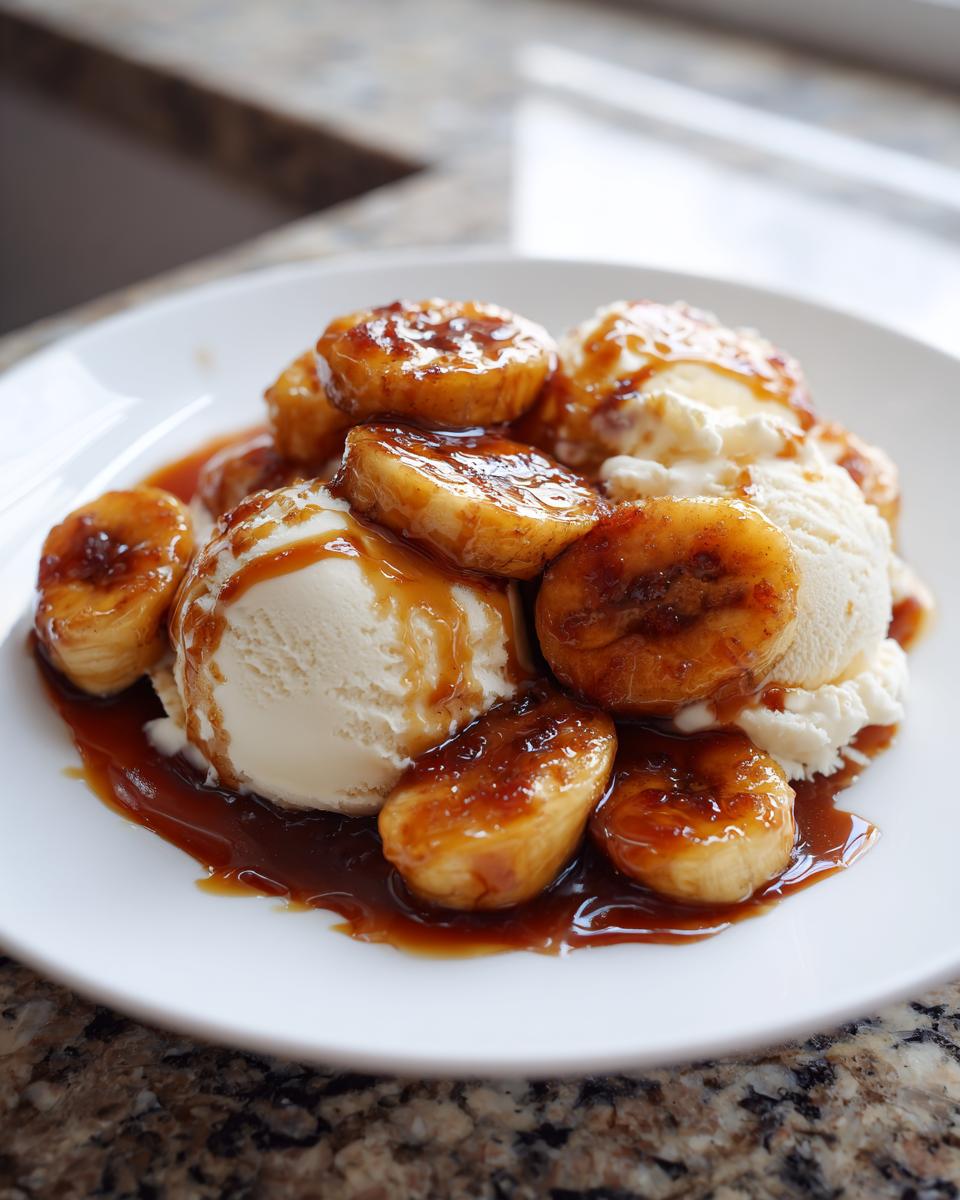 Close-up of Bananas Foster: caramelized banana slices served over scoops of vanilla ice cream with rich caramel sauce.