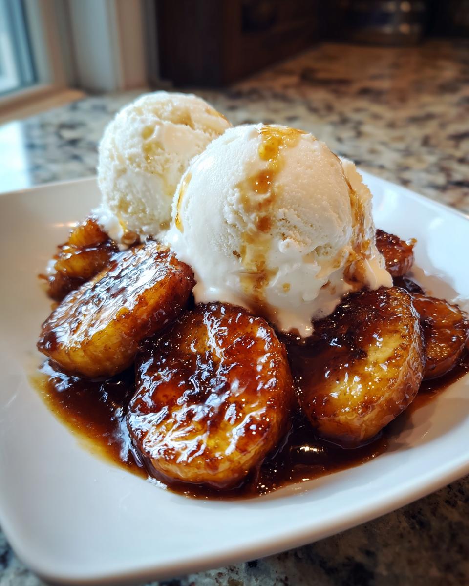 Two scoops of vanilla ice cream melting over caramelized bananas in rich sauce, classic Bananas Foster.