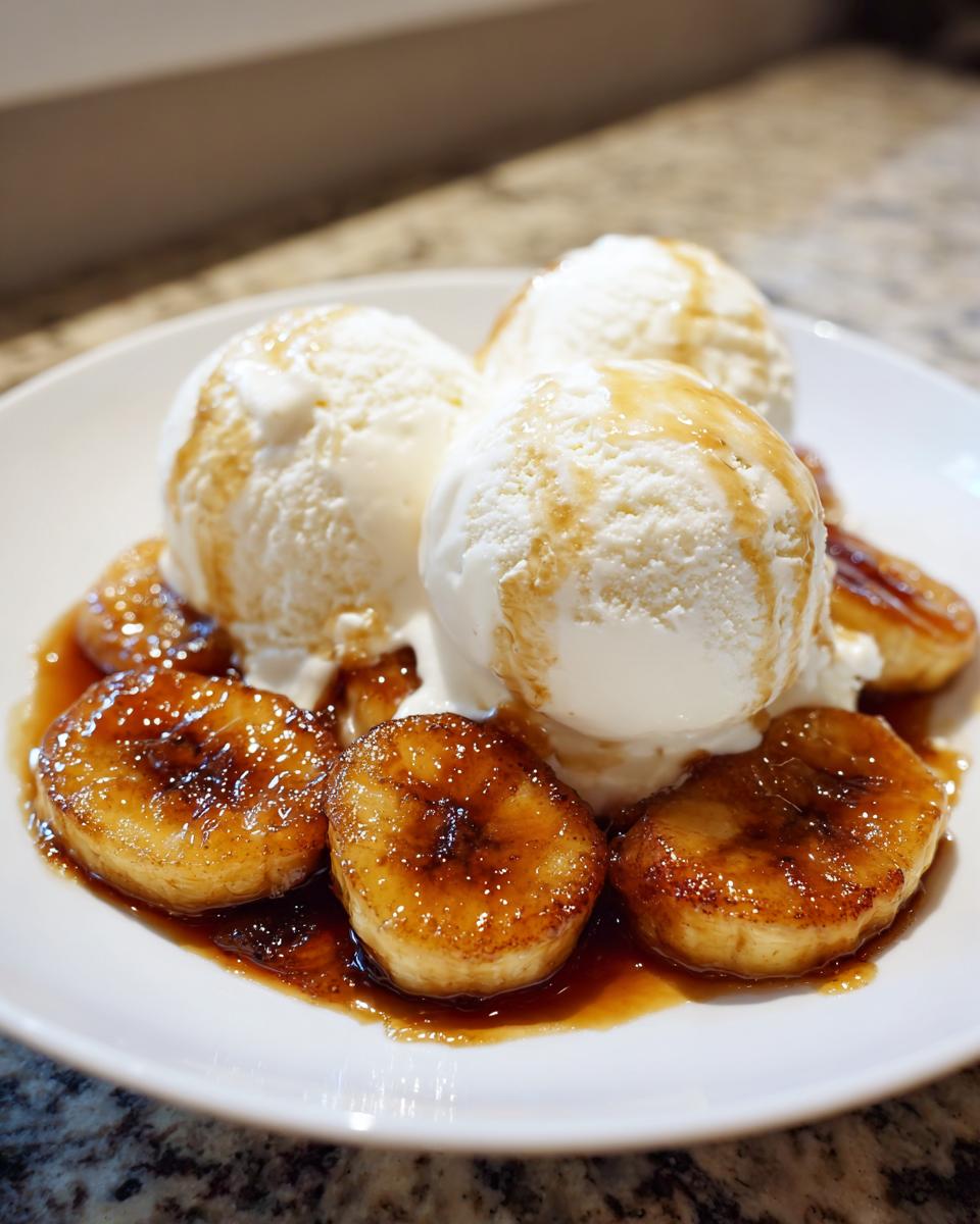 Close-up of caramelized bananas served with scoops of vanilla ice cream drizzled with sauce, classic Bananas Foster dessert.