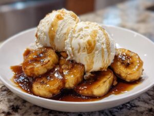 Two scoops of vanilla ice cream topping caramelized bananas in a rich sauce, classic Bananas Foster dessert.