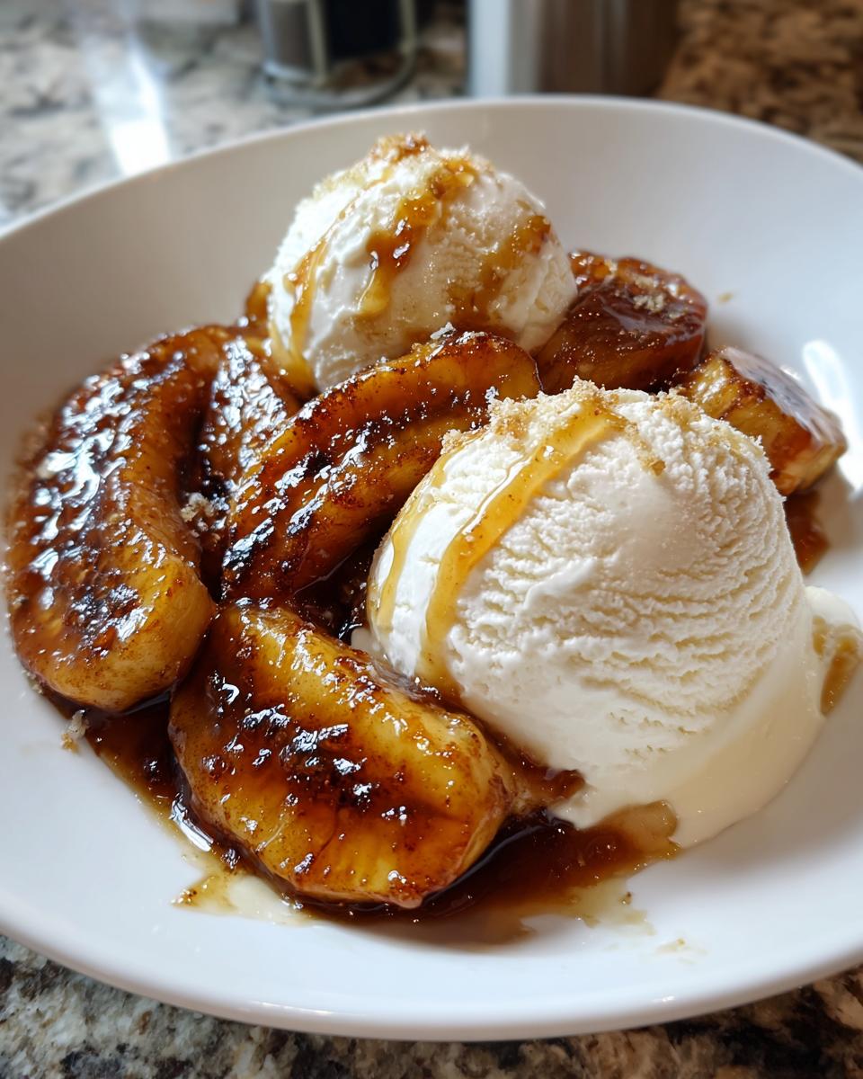 Close-up of warm, caramelized Bananas Foster served with two scoops of vanilla ice cream and drizzled with sauce.