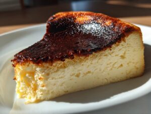 A close-up slice of Basque cheesecake showing its creamy interior and deeply caramelized, burnt top.
