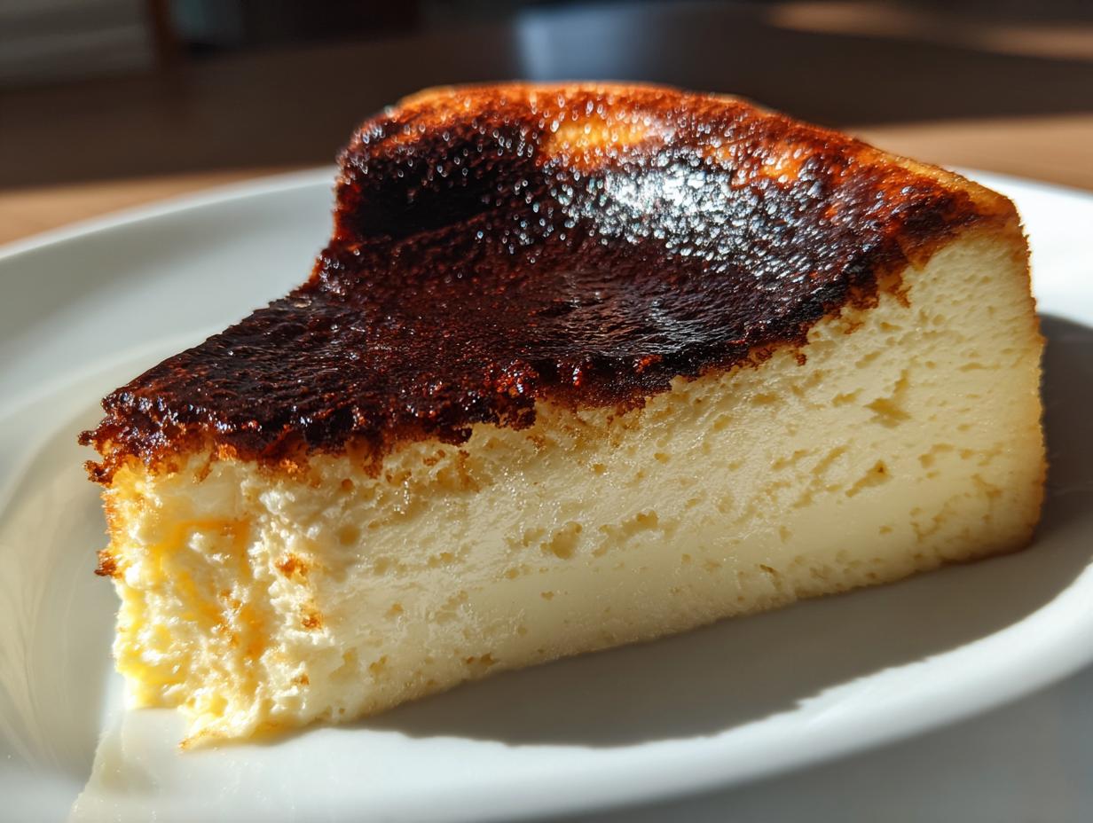 A close-up slice of Basque cheesecake showing its creamy interior and deeply caramelized, burnt top.