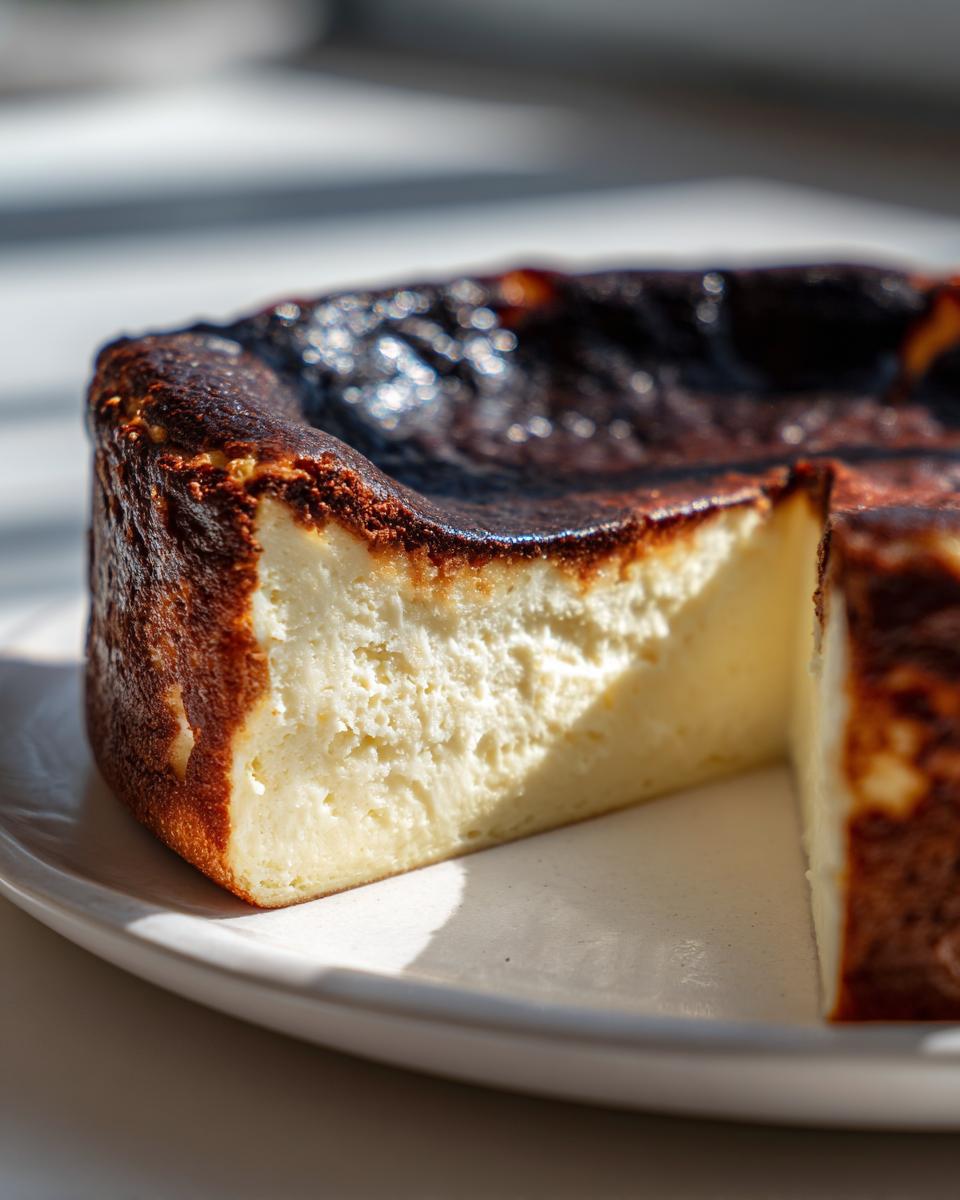 Close-up of a slice of creamy Basque cheesecake with a deeply caramelized, dark top crust.