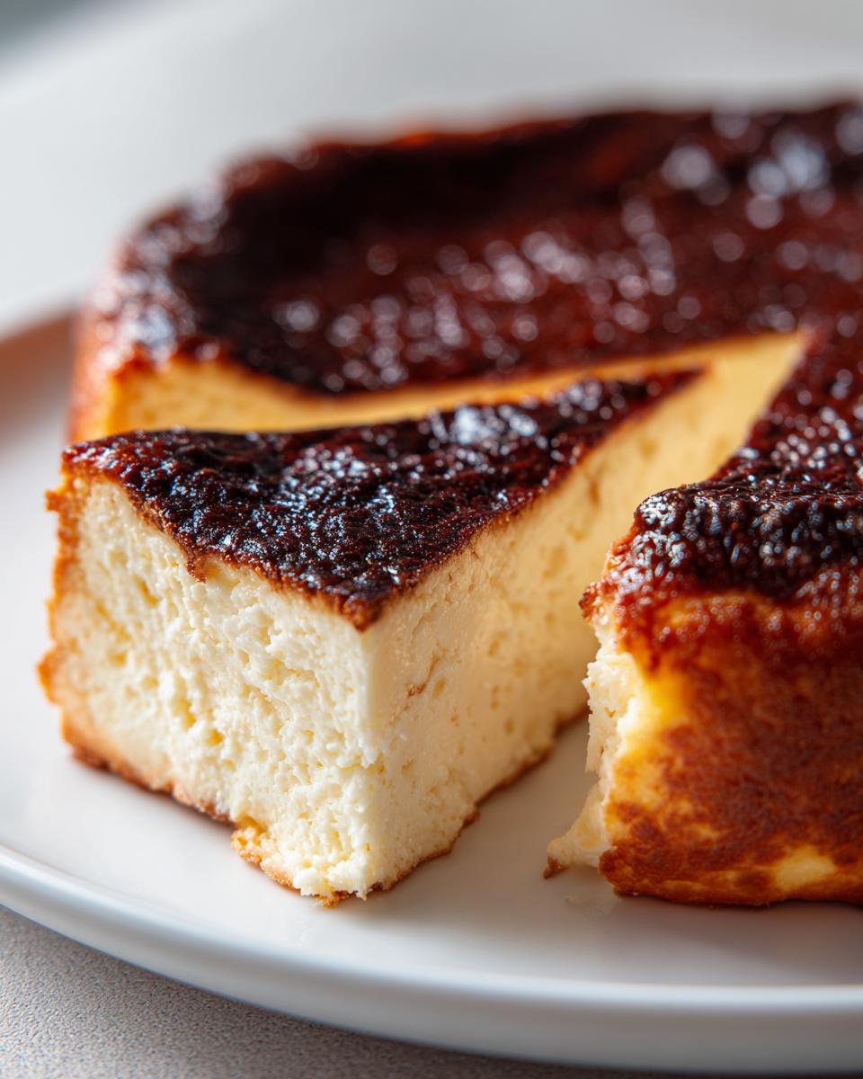A close-up of a slice of creamy Basque cheesecake showing its signature dark, caramelized top and light interior.