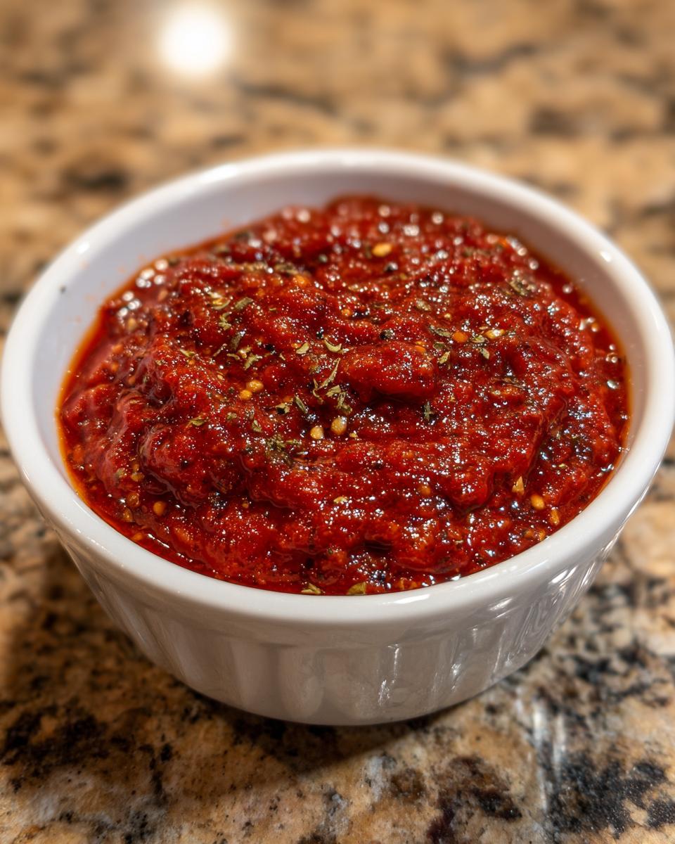 Close-up of rich, vibrant red homemade pizza sauce seasoned with herbs and spices in a small white bowl.
