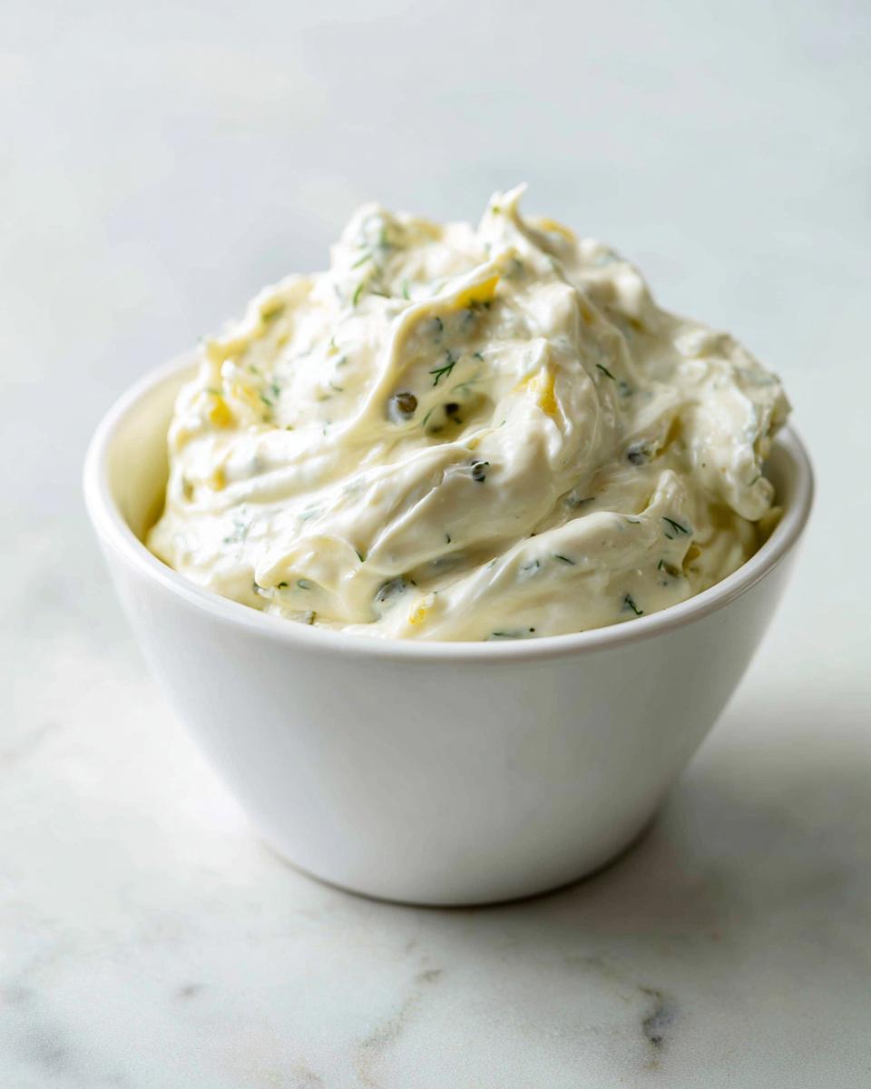 A close-up of thick, creamy homemade tartar sauce mixed with herbs and capers in a small white bowl.