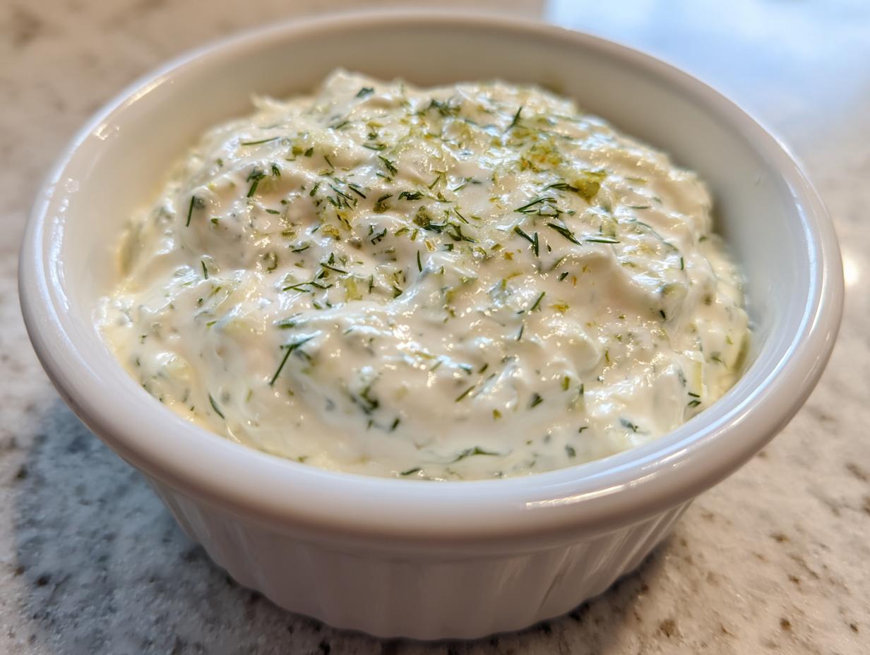 Close-up of creamy homemade tartar sauce topped with fresh dill and zest in a small white bowl.