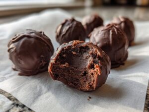 A close-up of several chocolate-covered Oreo balls, with one bitten in half showing the dark, rich filling.