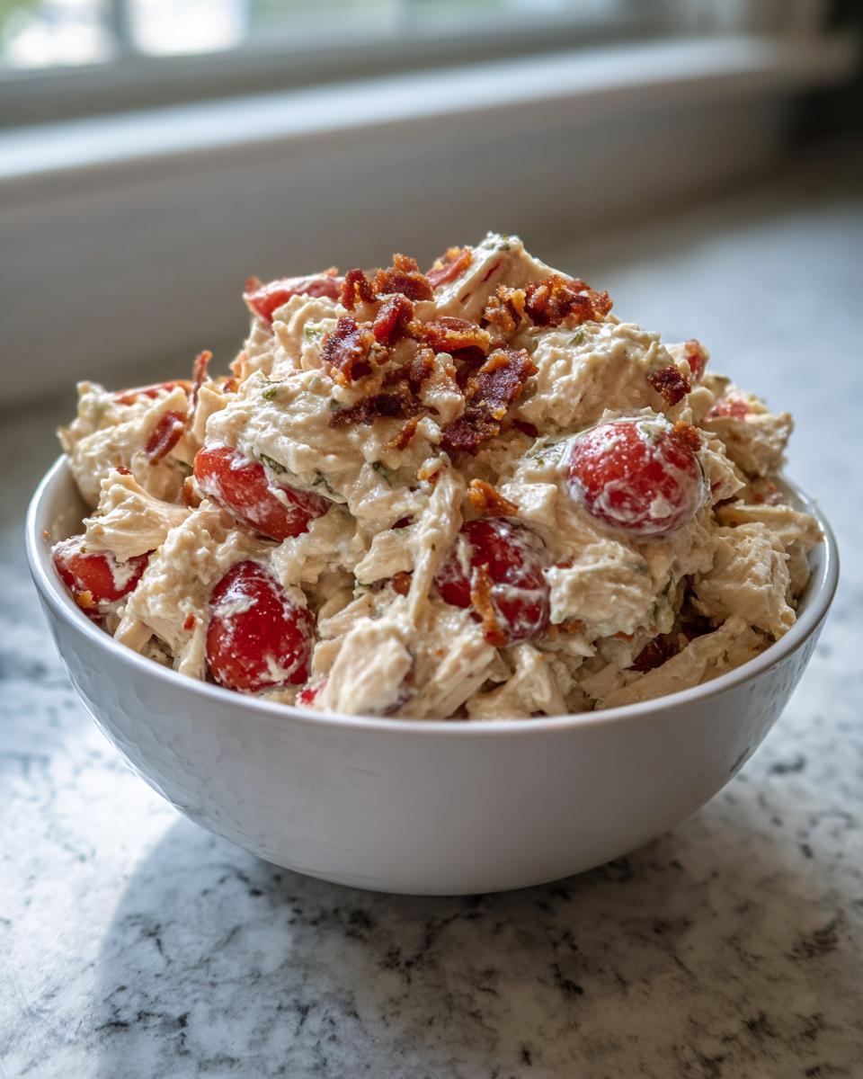 A white bowl filled with creamy blt chicken salad mixed with cherry tomatoes and topped with crispy bacon bits.