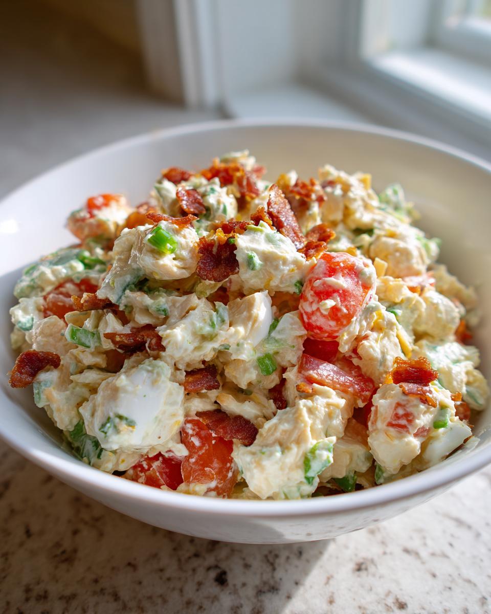 A close-up view of creamy blt chicken salad mixed with tomatoes, eggs, and topped with crispy bacon pieces.