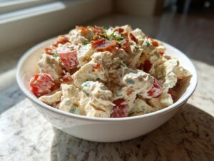 A white bowl filled with creamy blt chicken salad, featuring chunks of chicken, cherry tomatoes, and topped with crispy bacon.