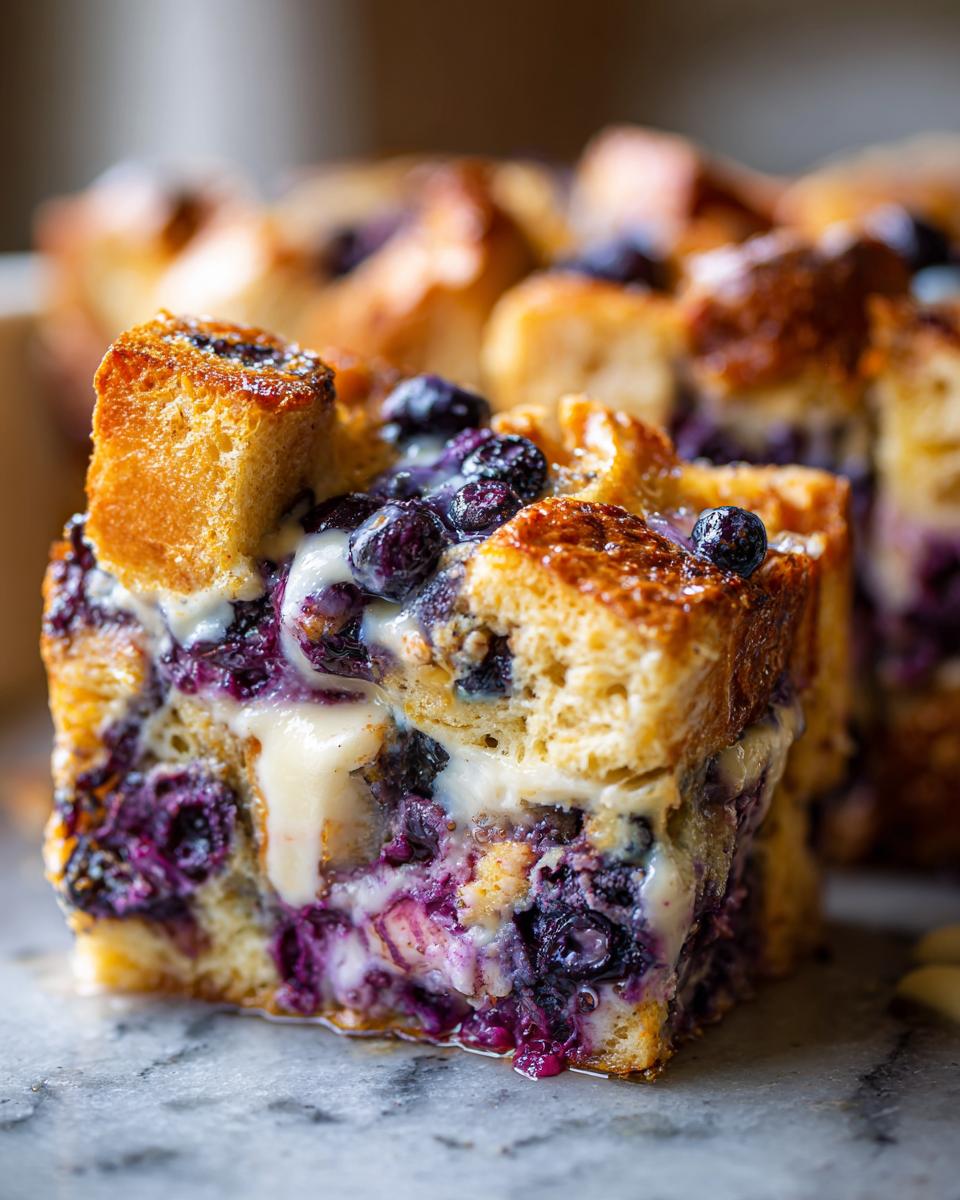 A close-up shot of a square serving of blueberry french toast casserole, showing soft bread soaked in custard, bursting blueberries, and a creamy glaze.
