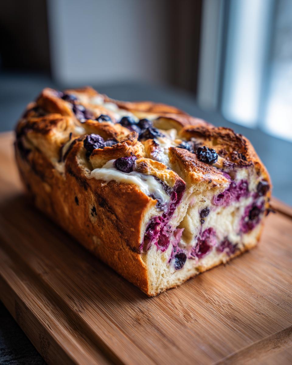 A freshly baked blueberry french toast casserole loaf, golden brown and filled with purple blueberries and cream cheese, resting on a wooden cutting board.