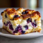 A close-up of a square slice of blueberry french toast casserole with a creamy filling and golden top.