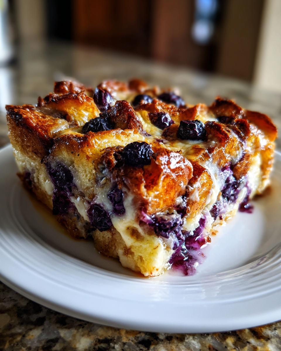 A close-up of a moist slice of blueberry french toast casserole with a golden-brown top, served on a white plate.