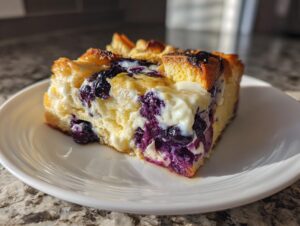 A close-up of a rich slice of blueberry french toast casserole with visible cream cheese pockets and baked blueberries.