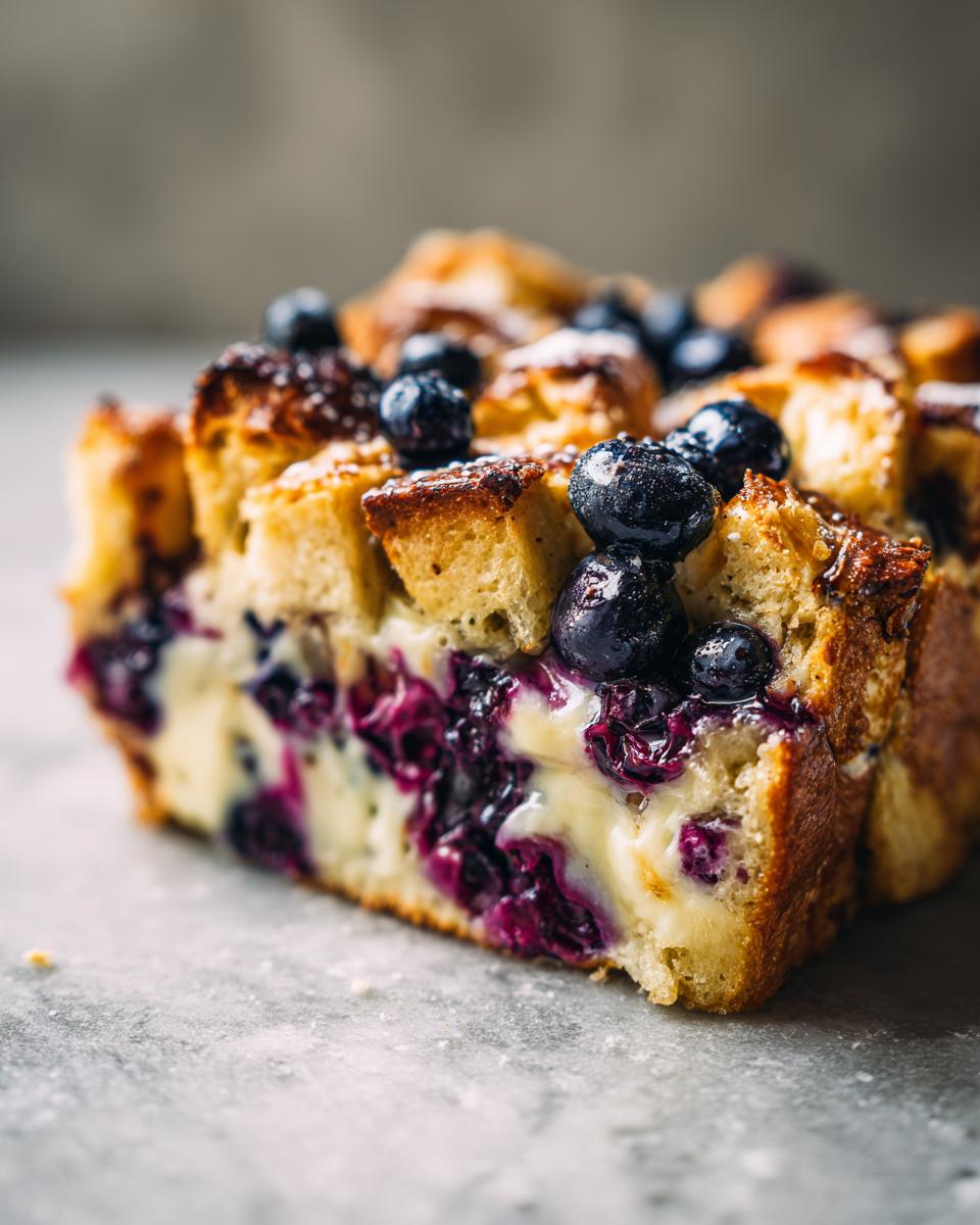 A close-up of a moist slice of blueberry french toast casserole, showing custard filling and fresh blueberries on top.