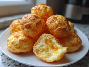 A stack of golden brown Brazilian cheese bread puffs on a white plate, one broken open showing the airy interior.