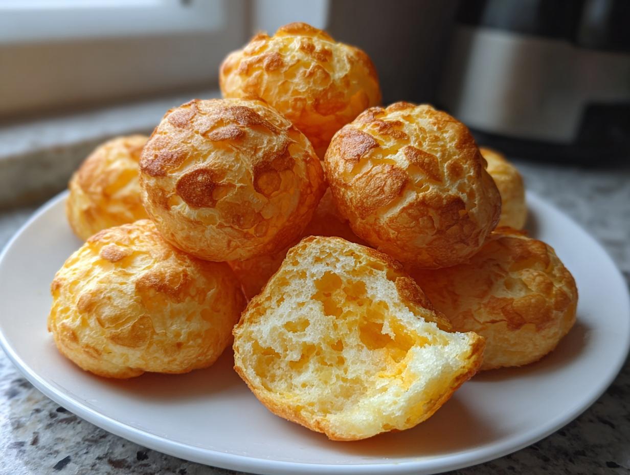 A stack of golden brown Brazilian cheese bread puffs on a white plate, one broken open showing the airy interior.