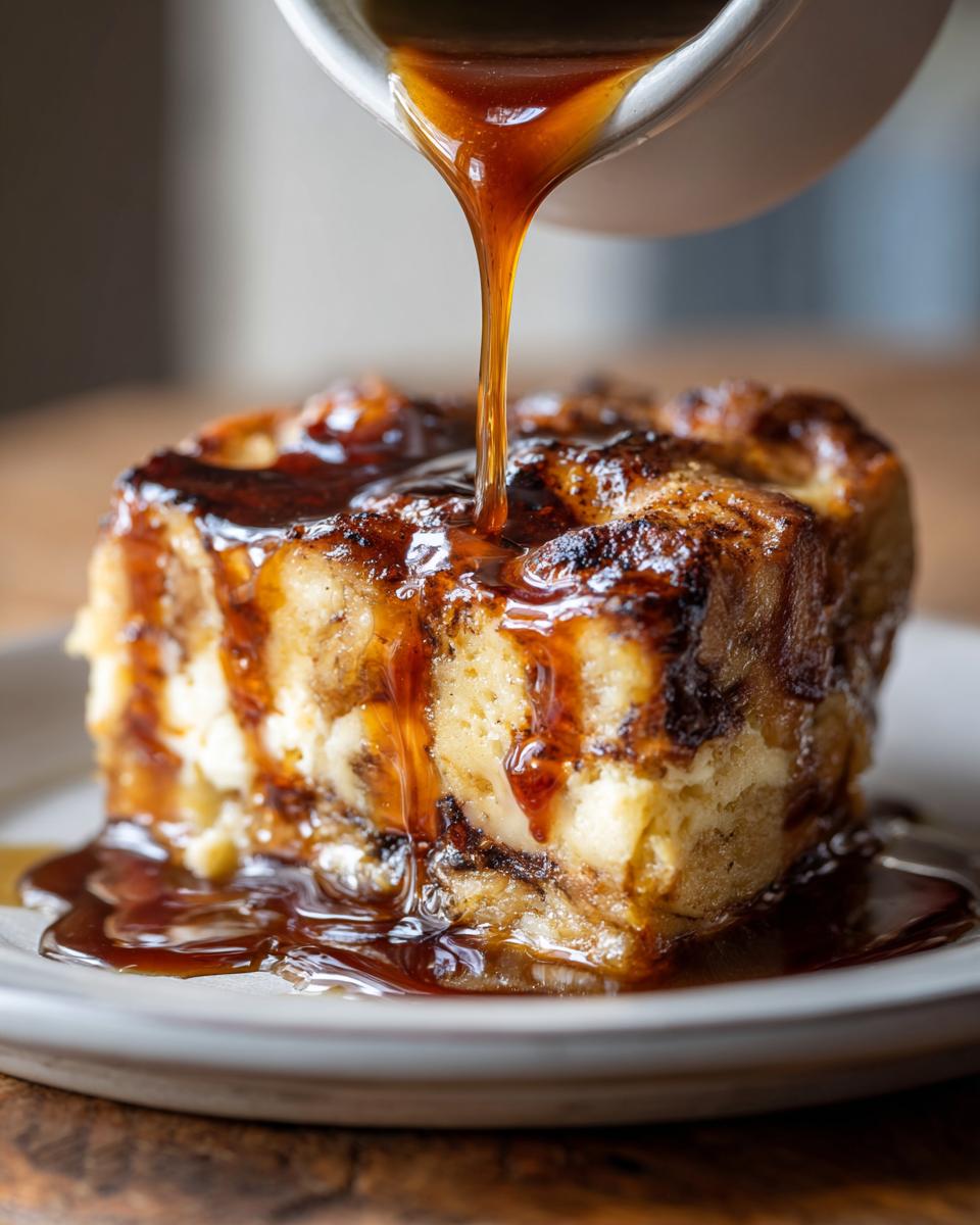 A close-up of a square slice of bread pudding being drenched in rich, amber bourbon sauce being poured from a white pitcher.