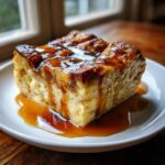 A decadent slice of bread pudding with bourbon sauce generously drizzled over the top and pooling on a white plate.