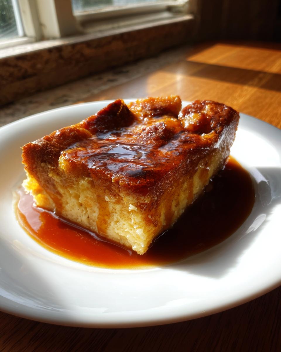 A golden slice of bread pudding with bourbon sauce pooling on a white plate, lit by sunlight.