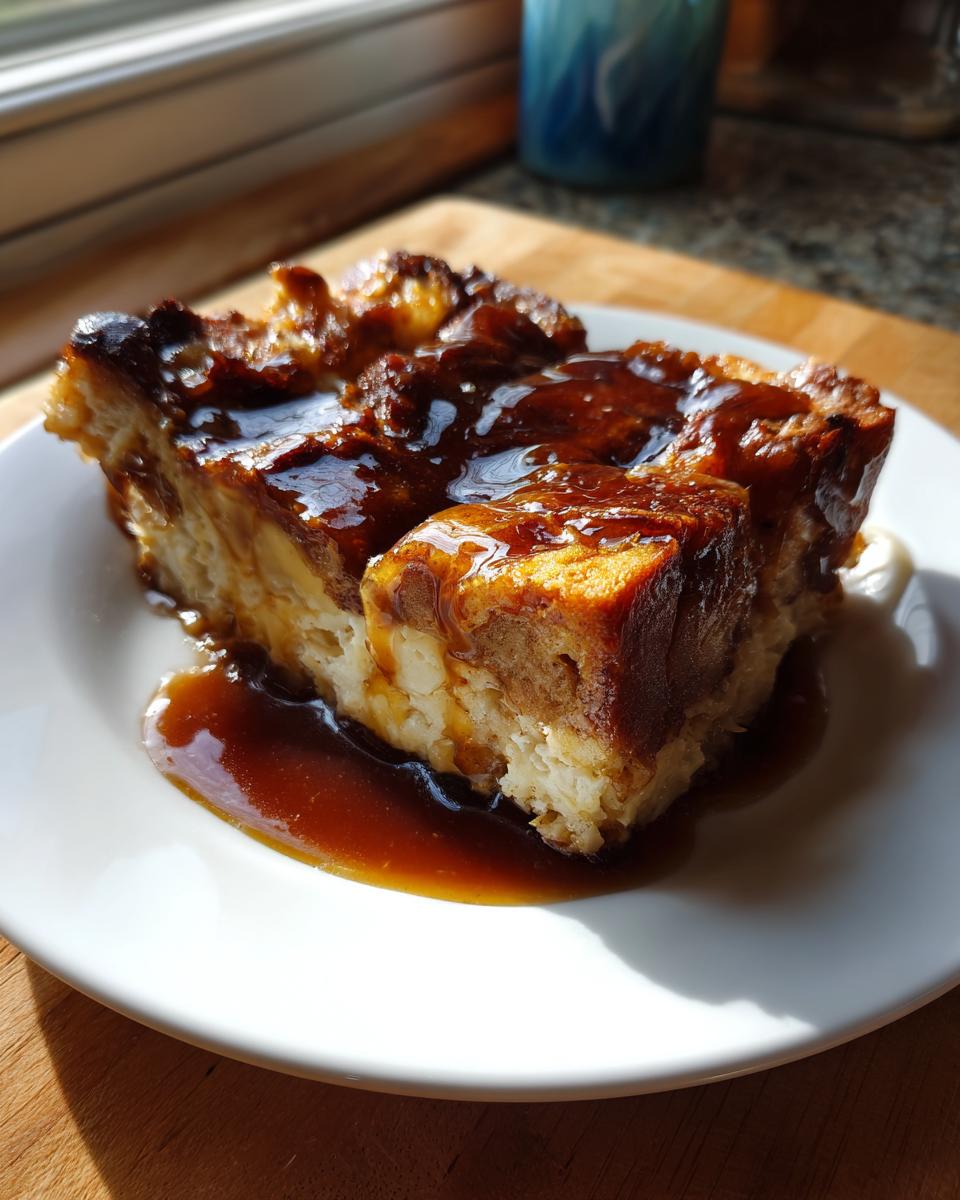 A rich slice of bread pudding with bourbon sauce generously drizzled over the top, served on a white plate.