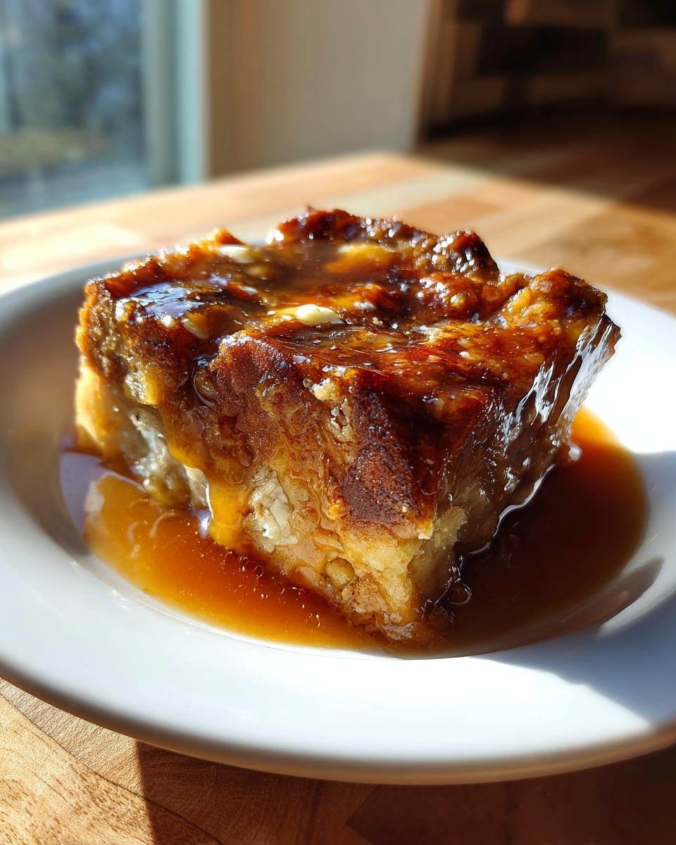 A close-up of a square slice of bread pudding with bourbon sauce generously poured over the top, sitting on a white plate.