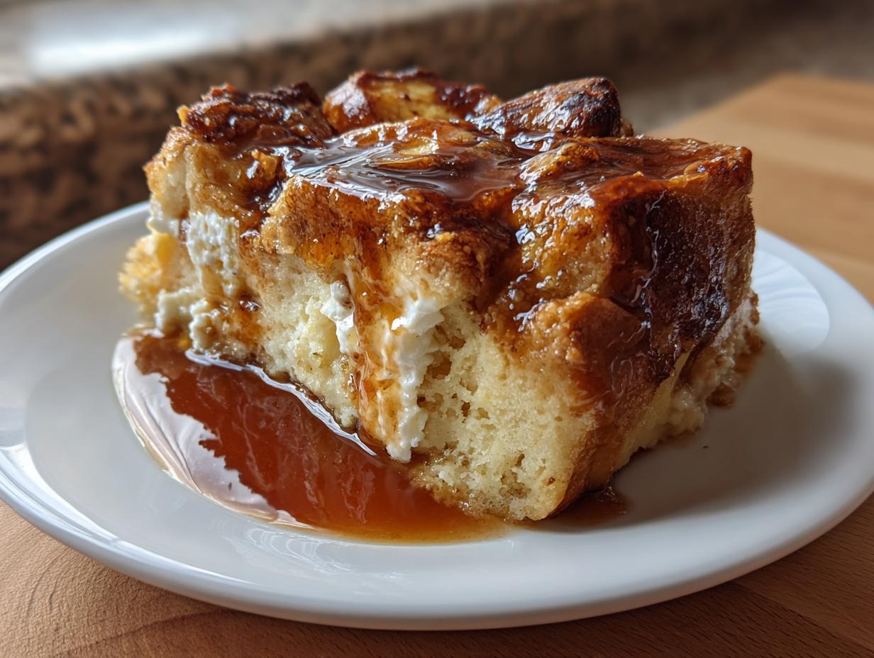A close-up of a rich slice of bread pudding with bourbon sauce drizzled over the top.