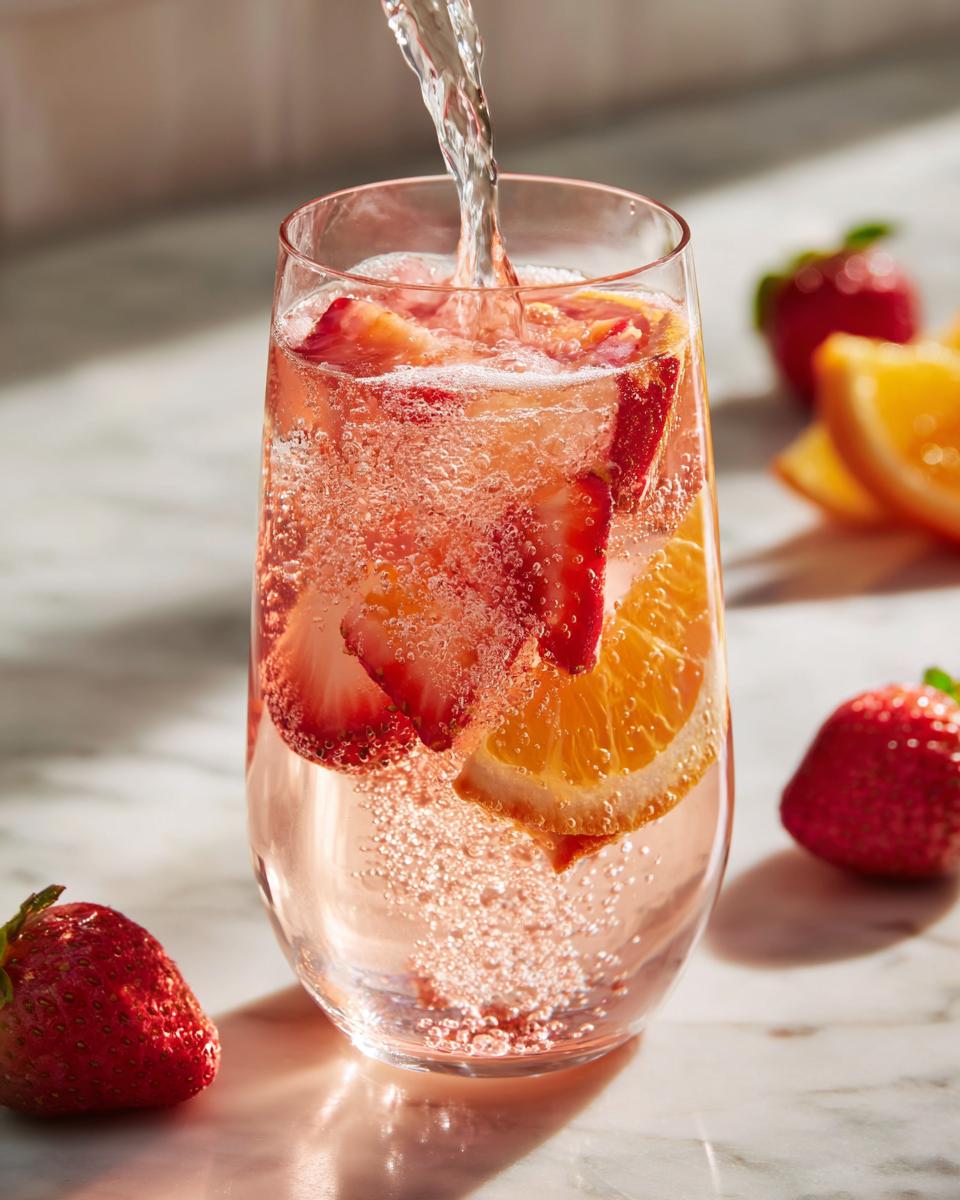 A bubbly glass of pink champagne punch being topped off with liquid, garnished with strawberries and an orange slice.