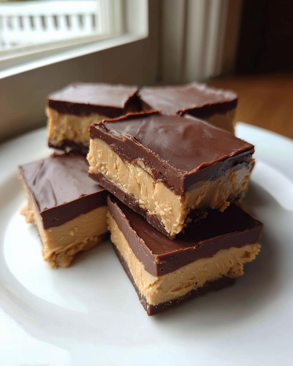 Four squares of rich buckeye fudge stacked on a white plate, showing thick peanut butter filling and chocolate topping.