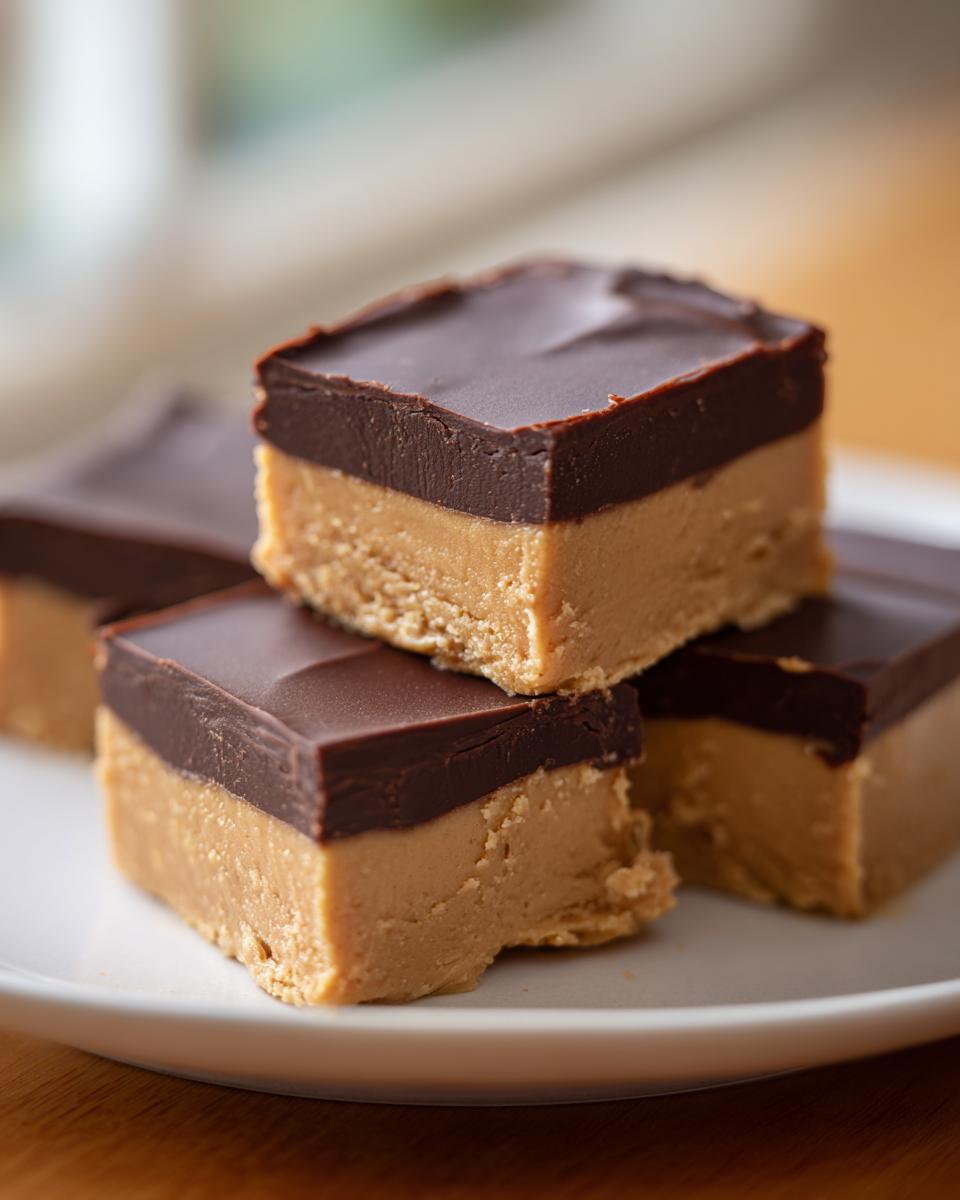 Close-up of stacked, square pieces of rich buckeye fudge with a thick peanut butter base and dark chocolate topping.
