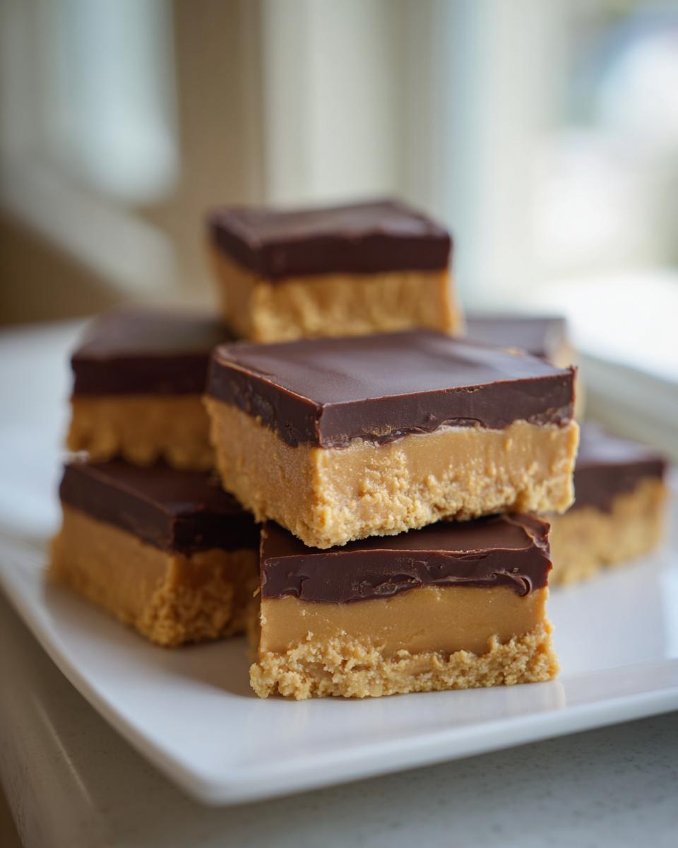 A stack of rich, layered buckeye fudge squares featuring a peanut butter base and a smooth chocolate topping.