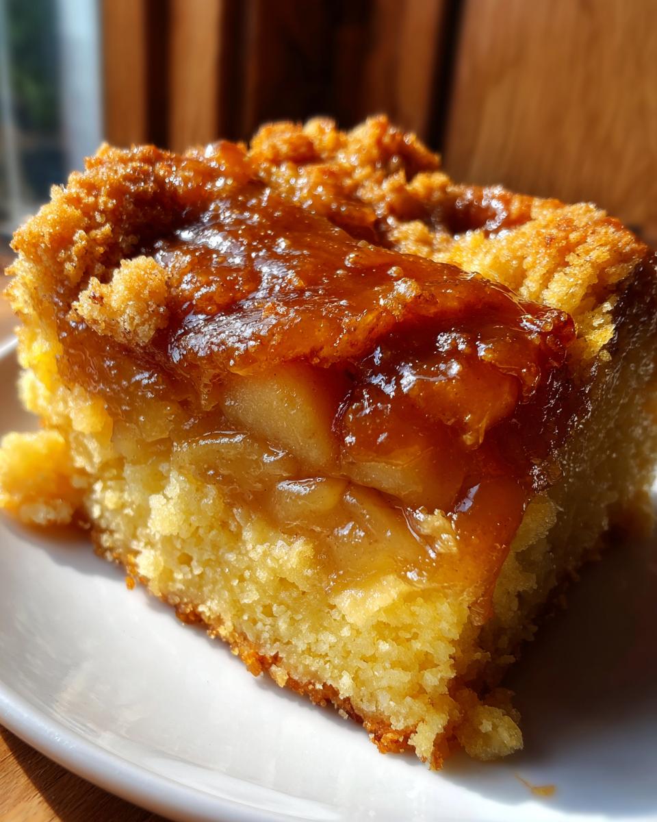 A close-up, sunlit slice of moist caramel apple dump cake showing a thick layer of gooey caramel and apples over a golden cake base.