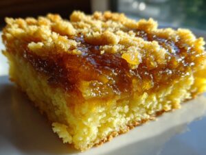 A close-up, sunlit slice of caramel apple dump cake showing a moist yellow cake base, gooey caramel topping, and crumbly streusel.