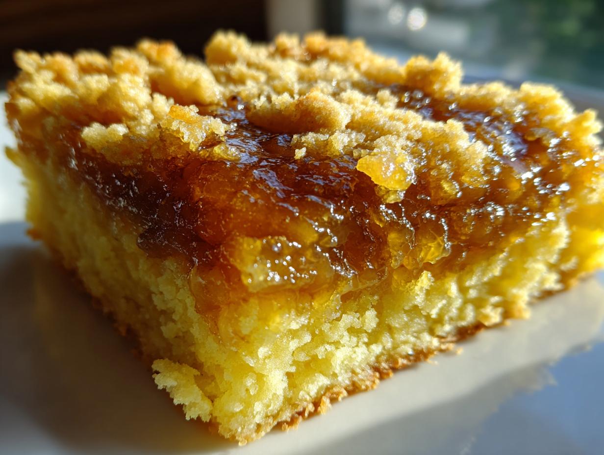 A close-up, sunlit slice of caramel apple dump cake showing a moist yellow cake base, gooey caramel topping, and crumbly streusel.