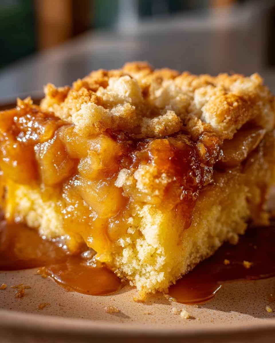 A close-up shot of a moist slice of caramel apple dump cake with gooey caramel sauce pooling on the plate.