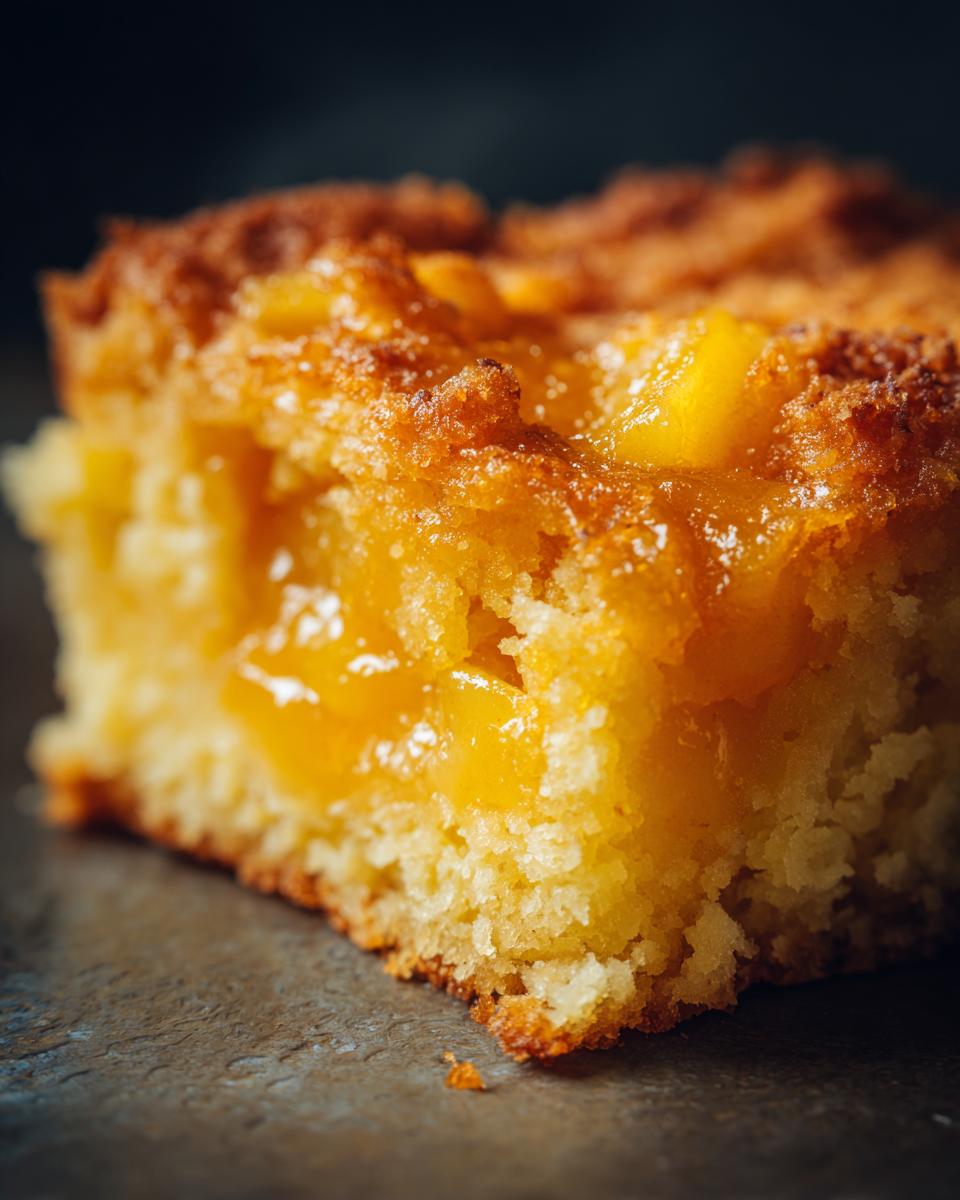Close-up of a moist slice of caramel apple dump cake showing golden crust and gooey apple filling.