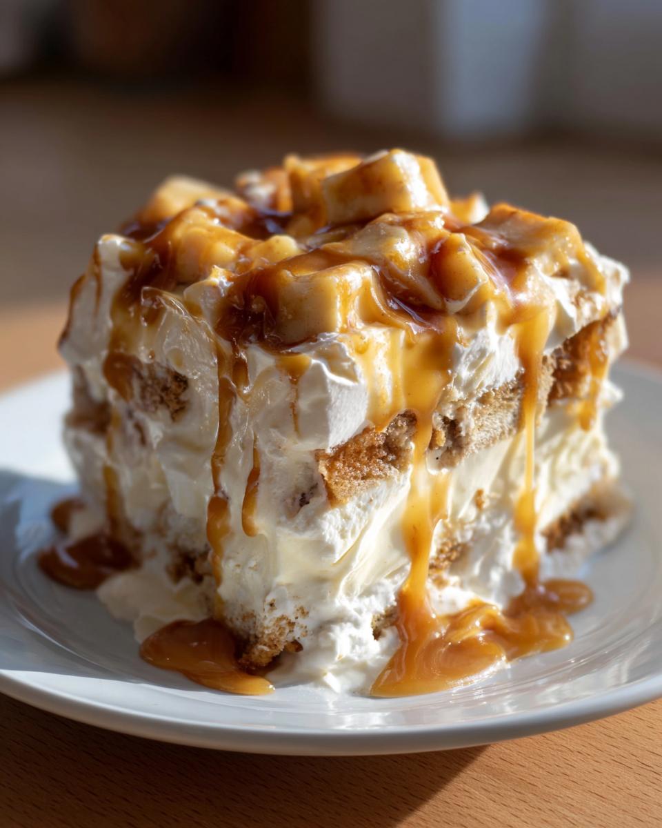 A rich slice of caramel apple trifle featuring layers of cream, cake, and topped with caramel sauce and apple pieces.